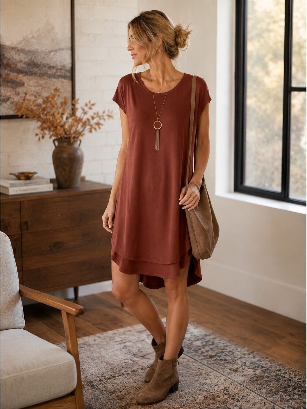 Buckle Double Zero Modal Blend Shirt Dress In Rust Brown - Women's Large NWOT